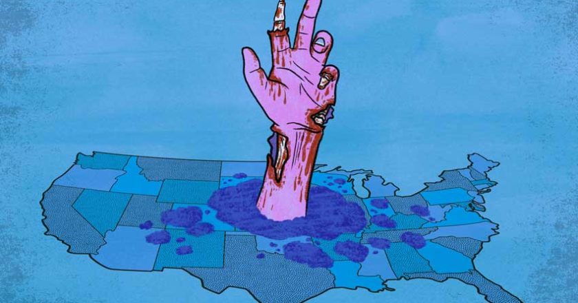 Header image of a zombie hand busting out of a map of the U.S.