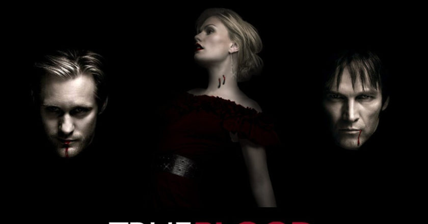 Eric, Sooki, and Bill from True Blood with the True Blood logo