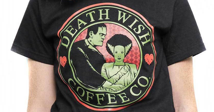 Female wearing the Death Wish Coffee Undying Love Valentine's Day t-shirt