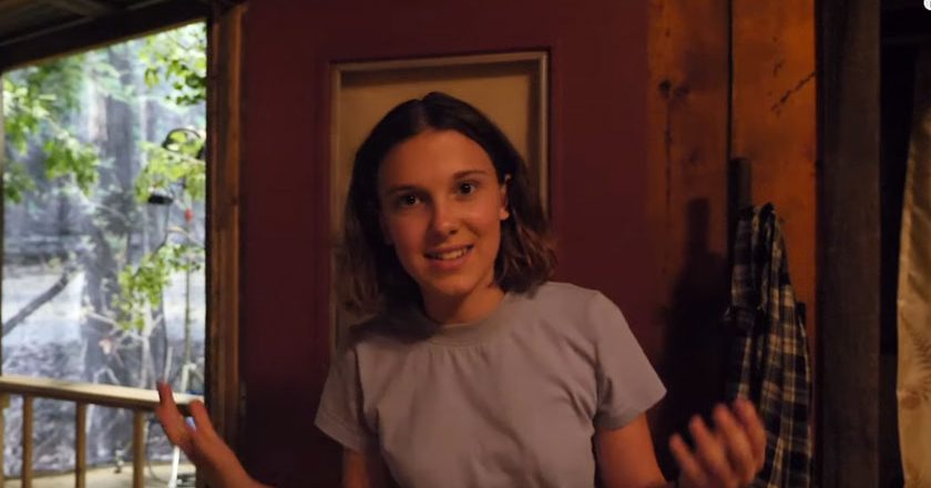 Millie Bobby Brown in the cabin set of "Stranger Things"