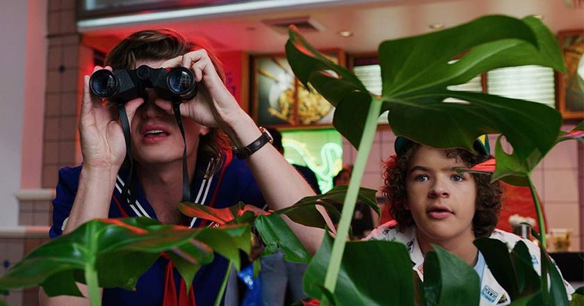 Steve and Dustin spying at the Starcourt Mall in "Stranger Things 3"