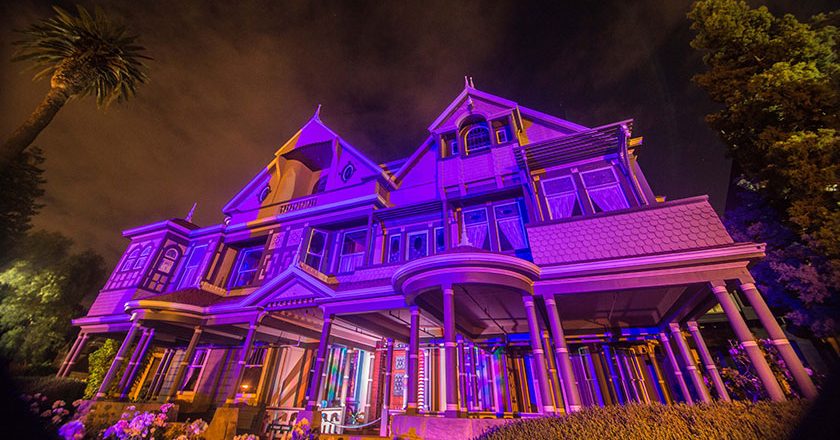 Winchester Mystery House lit up for Halloween