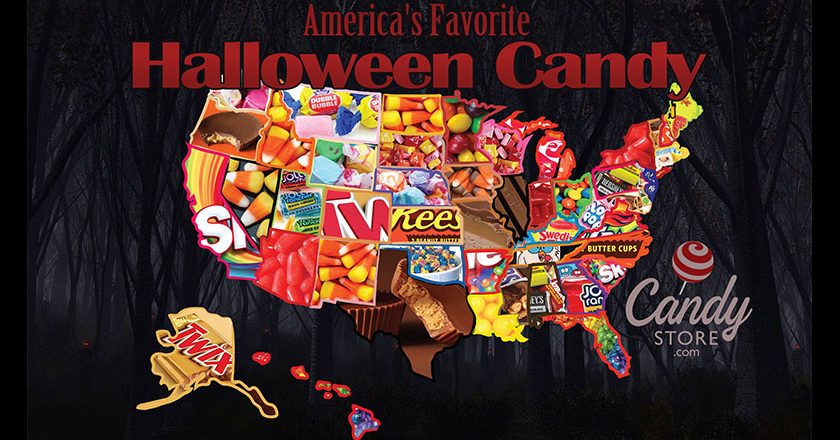 Map highlighting America's favorite Halloween candy