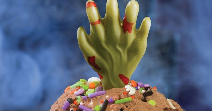 The white chocolate zombie hand in the Baskin-Robbins Fright Night Scoop