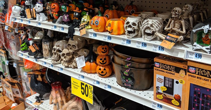 Store shelves lined with Halloween merchandise