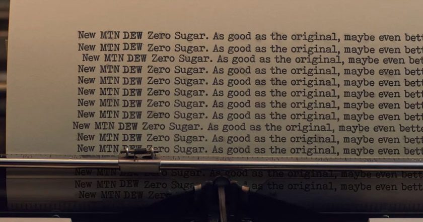 New MTN DEW Zero Sugar message repeated on a typewriter