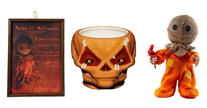 Trick 'r Treat sign, coffe mug, and animated to from Spirit Halloween