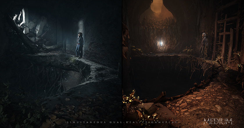 The Funeral Path in The Medium showing dual worlds side-by-side