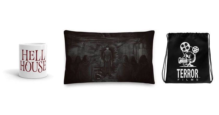 Hell House LLC mug, Tully and his cult pillow, and a Terror Films drawstring bag.