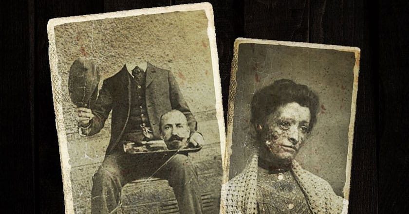 Creepy black and white photos of a man with his head on a platter and a woman with a deformed face