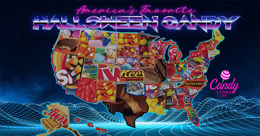 Map highlighting the favorite Halloween candies in each of the 50 states.