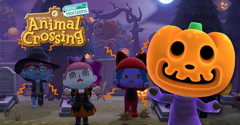 Players in Animal Crossing dressed in Halloween Costumes with Jack the czar of Halloween.