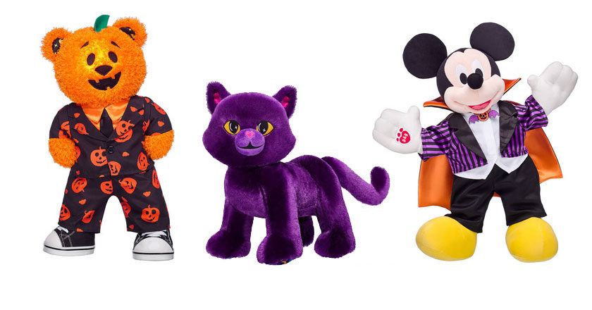 Builld-A-Bear's Pumpkin Glow Bear, Purple Moon Kitty, and Vampire Mickey Mouse