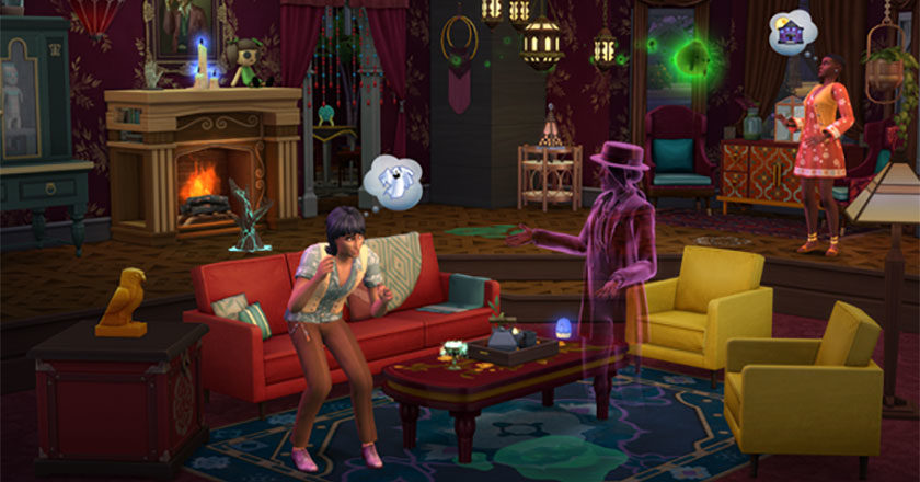 A ghost appears in front of two Sims in a haunted house.