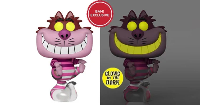 Side by side image of the BAM! exclusive glow-in-the-dark Cheshire Cat Pop! in light and in the dark