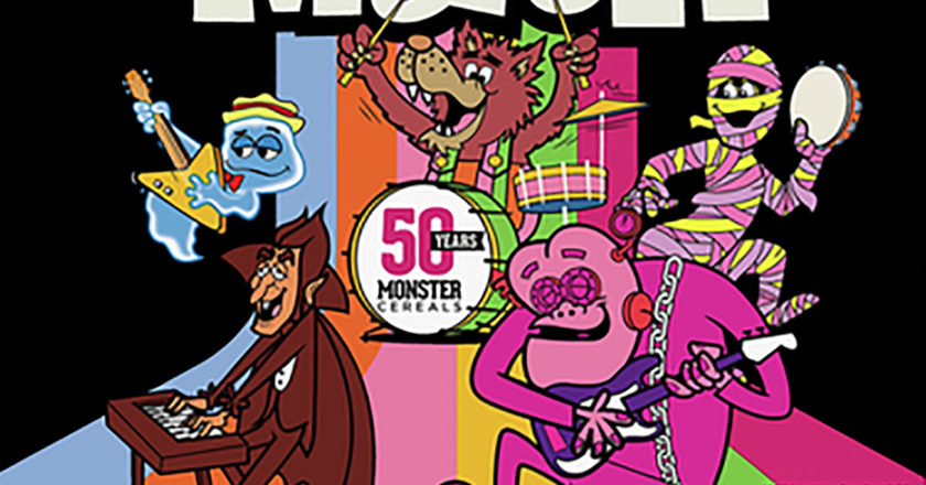 The General Mills monsters playing as a band on the front of the Monster Mash cereal box