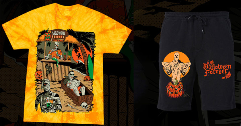 Halloween Forever Tiki Bar pumpkin guts tie-dye tee and Halloween Forever Spooky Summer Shorts