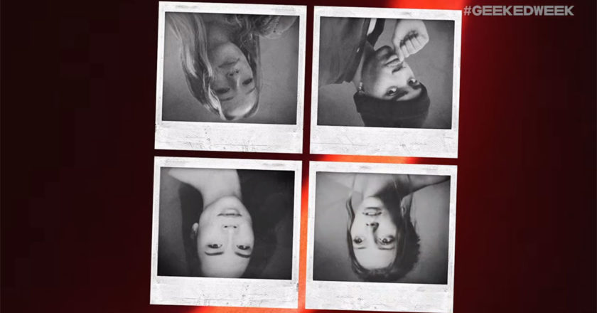 Upside down black and white polaroid photos of Amybeth McNulty, Myles Truitt, Regina Ting Chen and Grace Van Dien