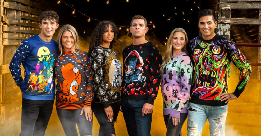 Models wearing the Scooby-Doo, Care Bears, Plague Doctor, Pennywise, Pastel, and Zombie Halloween sweaters from HalloweenCostumes.com