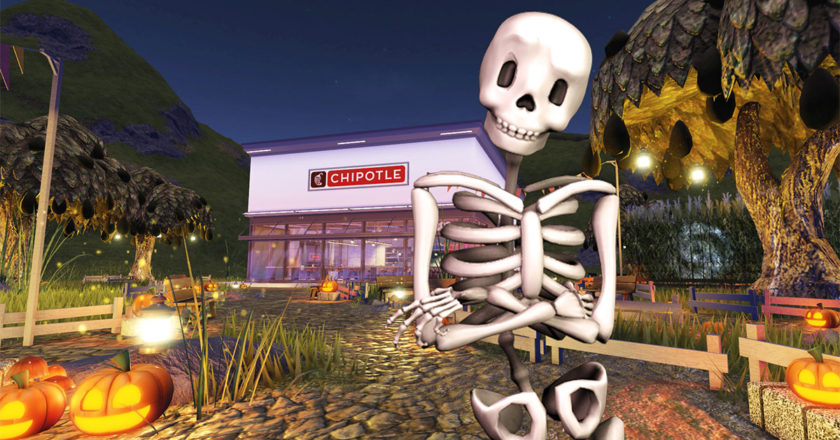 A Chipotle restaurant inside of the Roblox video game with a Skeleton standing in frton