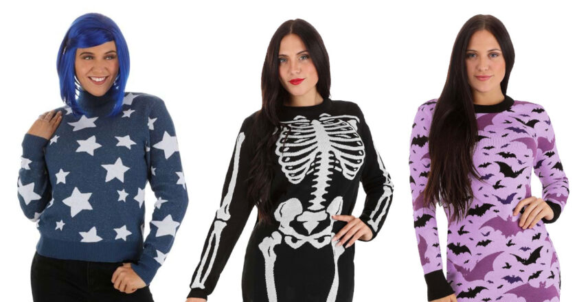 Models wearing the Coraline blue star sweater, skeleton sweater dress, and black and purple bat sweater dress