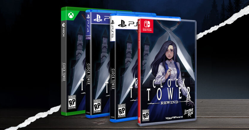 Physical editions of "Clock Tower: Rewind" for Xbox, PS4, PS5, and Nintendo Switch