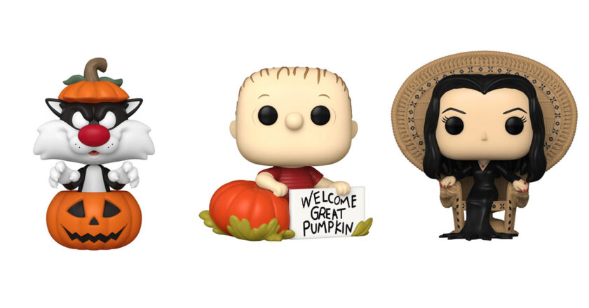 Halloween Sylvester, Great Pumpkin Linus, and Morticia Addams in chair Funko Pop! figures