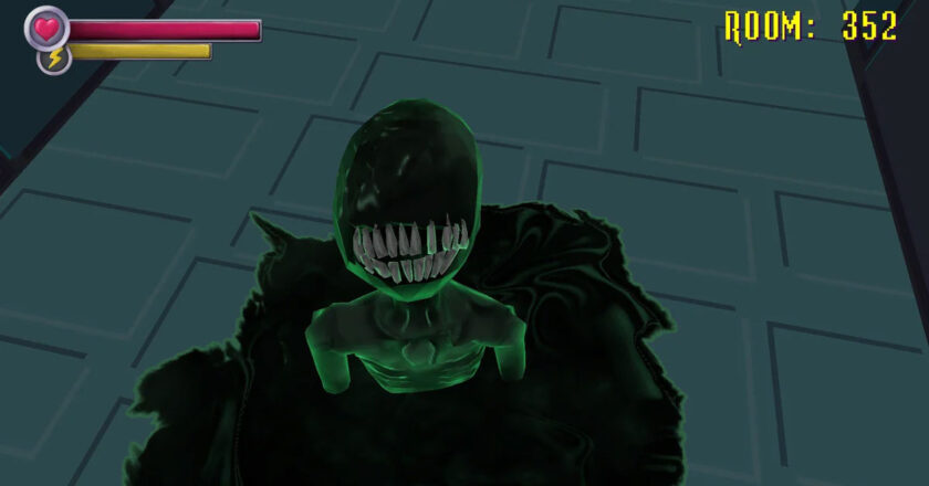 A green creature with big teeth rises up from the ground in a pool of black in Spooky’s Jump Scare Mansion: HD Renovation