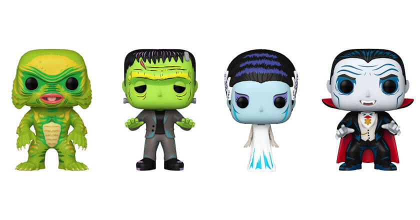 Gill-Man, Frankenstein, Bride of Frankenstein, and Dracula deco motif Pop! figures