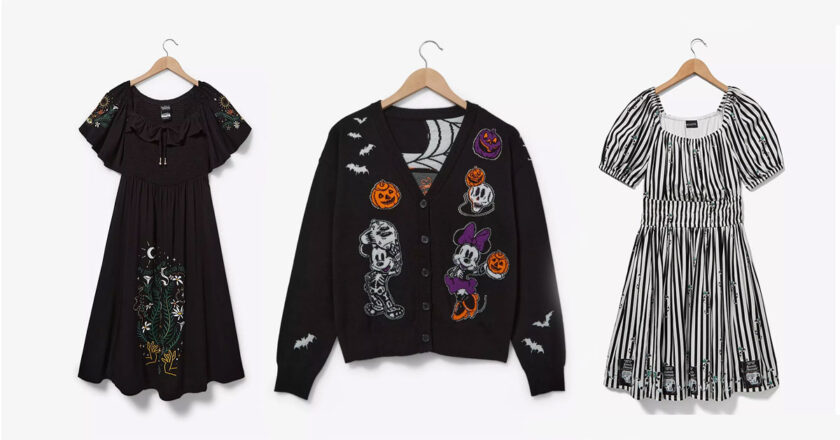 Hocus Pocus midi dress, Mickey and friends cardigan, and Beetlejuice striped dress