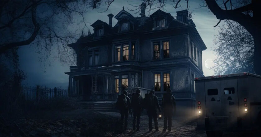 Deathwatchers key art featuring four investigators outside a creepy house