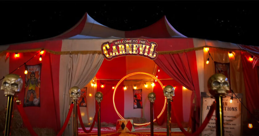 Big top circus tent with a sign that says Welcome to the Carnevil