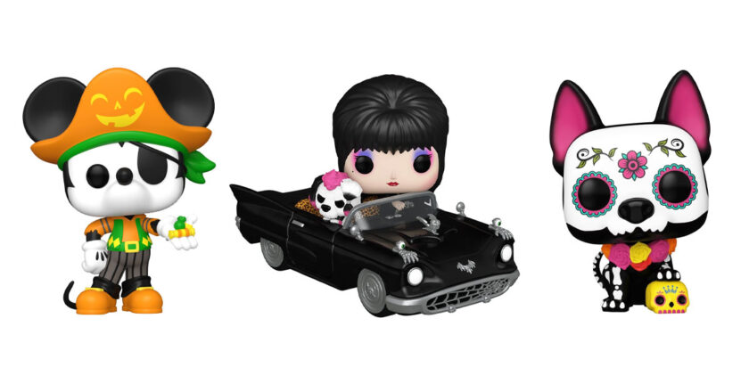 Pirate Mickey, Elvira and Gonk in the Macabre Mobile, and Xolo Funko Pop! figures