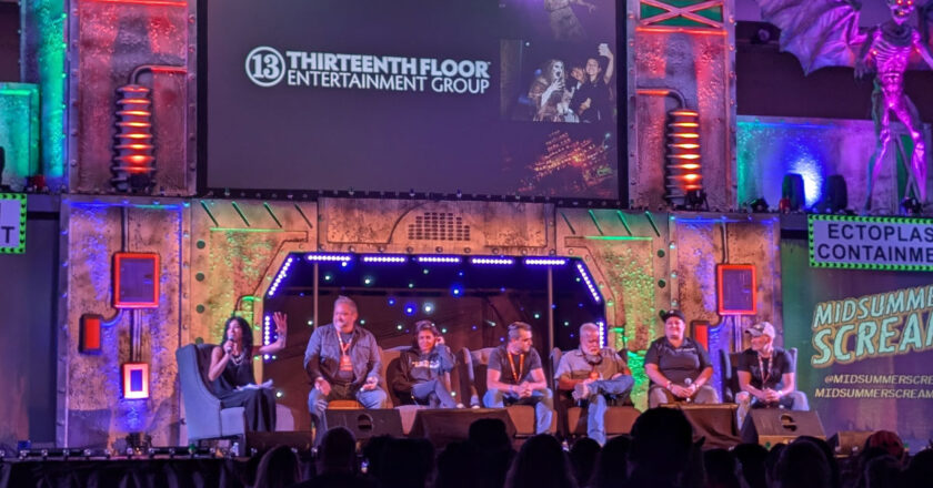 Dana DeLorenzo, Chris Stafford, Melissa Carbone, Kip Polley, Greg Salyers, Amy Holloman, and Jon Braver at the 13th Floor Entertainment Group panel at Midsummer Scream 2024