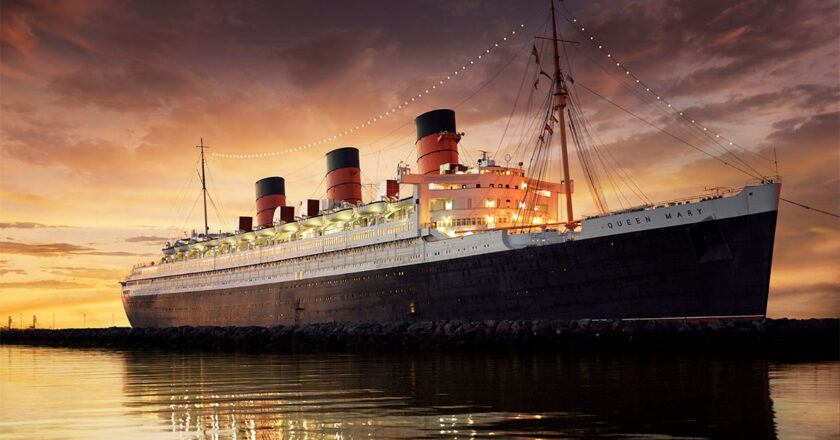 The RMS Queen Mary at sunset