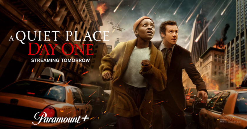 Lupita Nyong'o as Samira and Joseph Quinn as Eric in the key art for A Quiet Place: Day