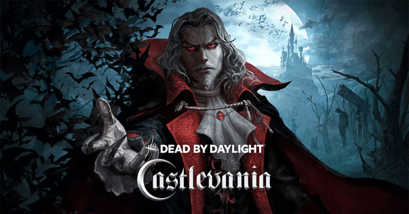 Dead by Daylight: Castlevania key art featuring Dracula in front of his castle