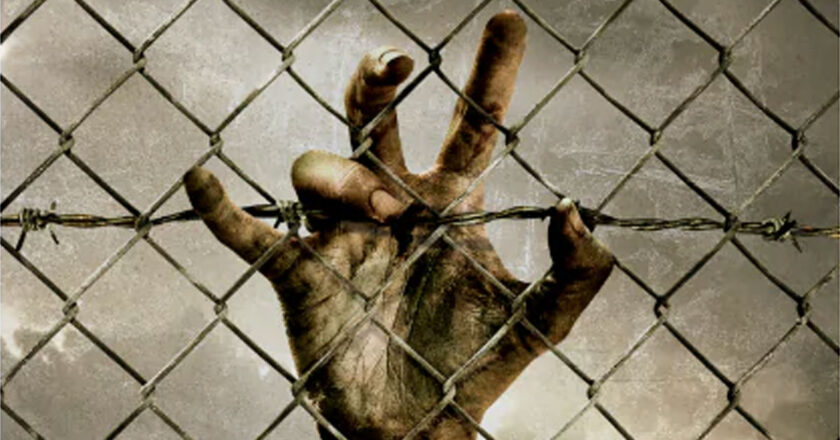 Severed hand on a chain link fence from Land of the Dead's key art