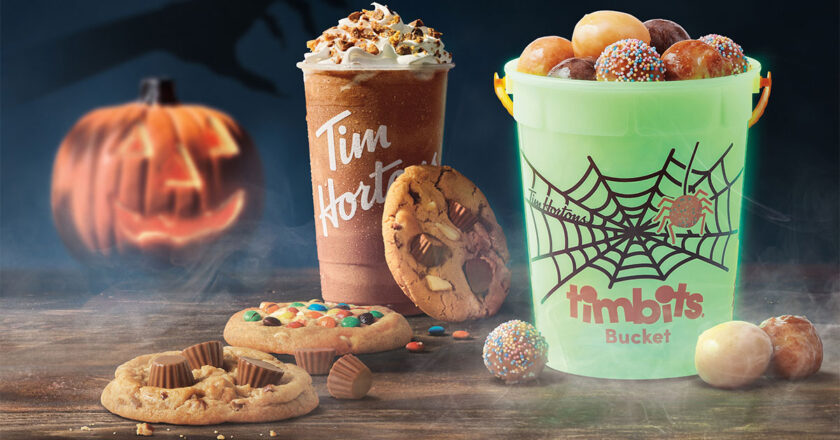 Chocolate Peanut Butter ICED CAPP with REESE’S, Dream Cookies made with REESE’S and Pecans, Dream Cookies made with M&M'S MINIS Milk Chocolate Candies, and the Timbits Trick-or-Treat Bucket