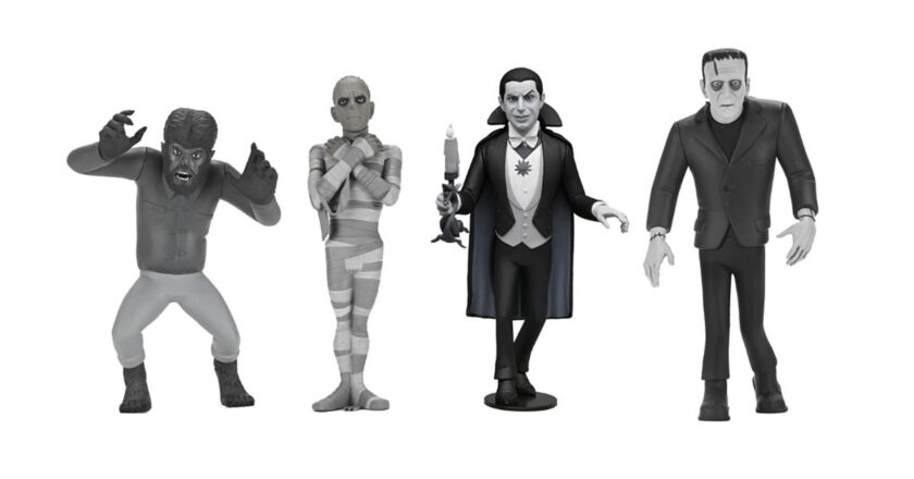 Black and white variants of Toony Terrors Wolf Man, Mummy, Dracula, and Frankenstein's Monster