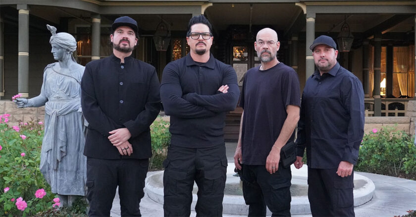 The “Ghost Adventures” team, Jay Wasley, Zak Bagans, Aaron Goodwin, Billy Tolley in front of the Winchester Mystery House